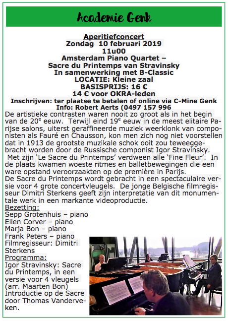 Affiche. Akademie Genk. OKRA. Sacre du Printemps van Stravinsky. Amsterdam Piano Quartet. 2019-02-10